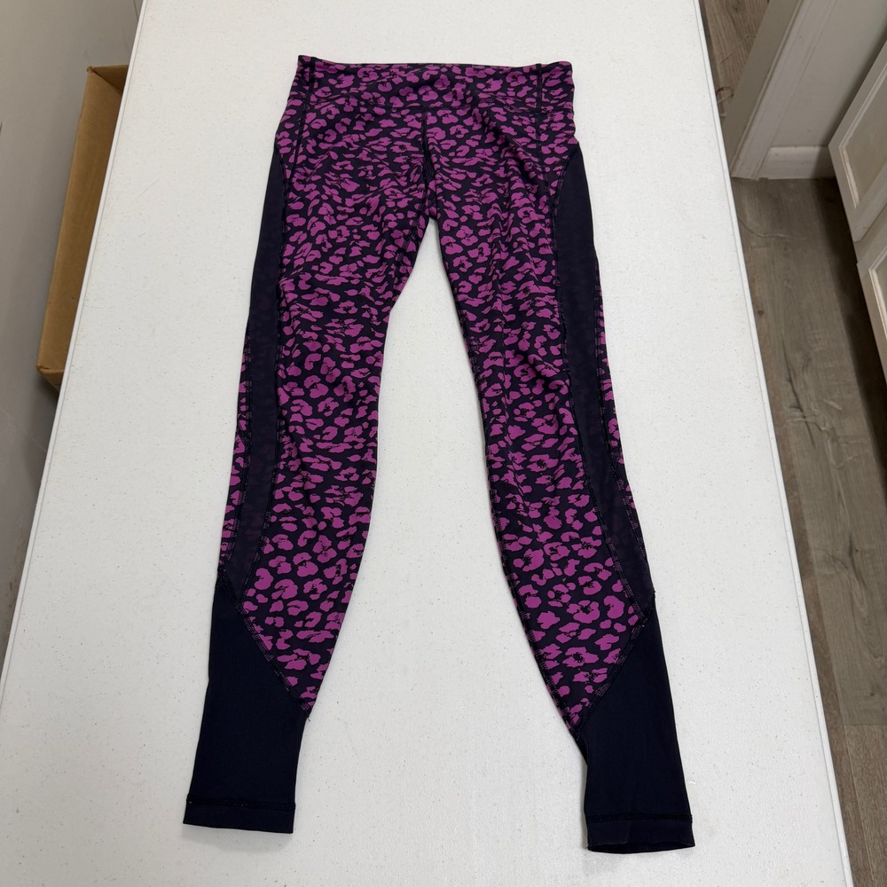 Lululemon Purple Black Leopard Print Mesh Panel‎ Ribbed Cuff Leggings Size 6